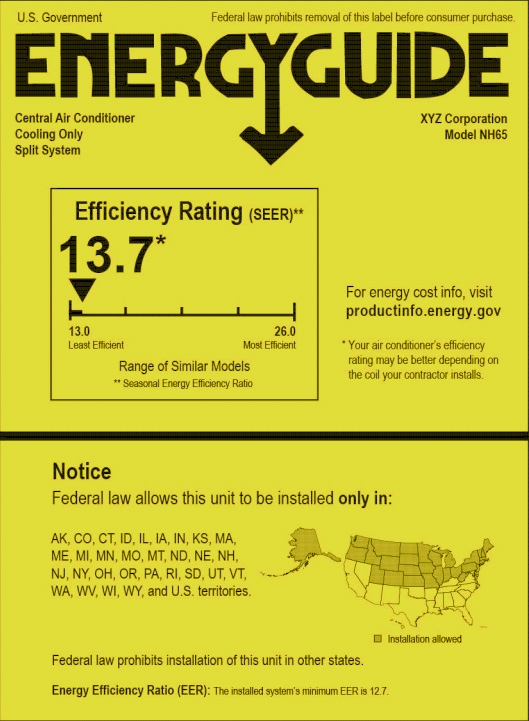 New EER label showing map of United States where HVAC equipment can be installed