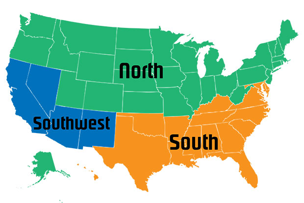 United States DOE Mandated HVAC Efficiency Zones map showing North, South, and Southwest regions